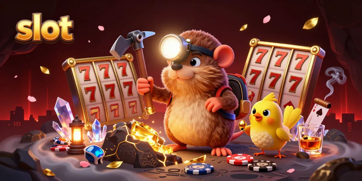 Spin the slot reels with a treasure hunter mole amidst golden deposits and casino elements.
