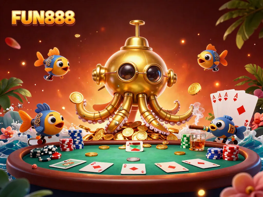 Explore FUN888's thrilling world of online gambling with vibrant poker elements and golden coins.