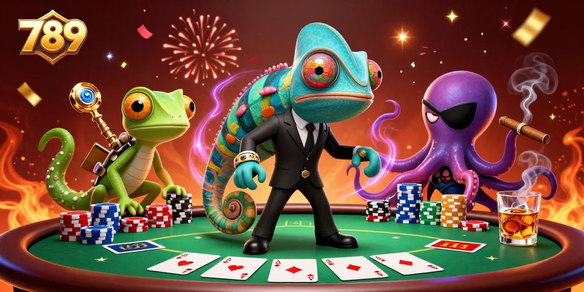 Engage with 789 poker strategies as a chameleon agent faces challenges at a vibrant casino table.