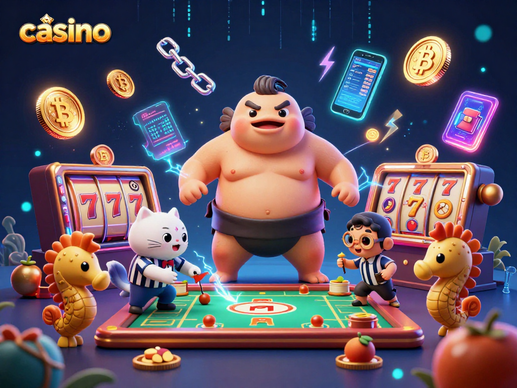 Engage in casino adventures with vibrant characters amidst glowing crypto and jackpot symbols.