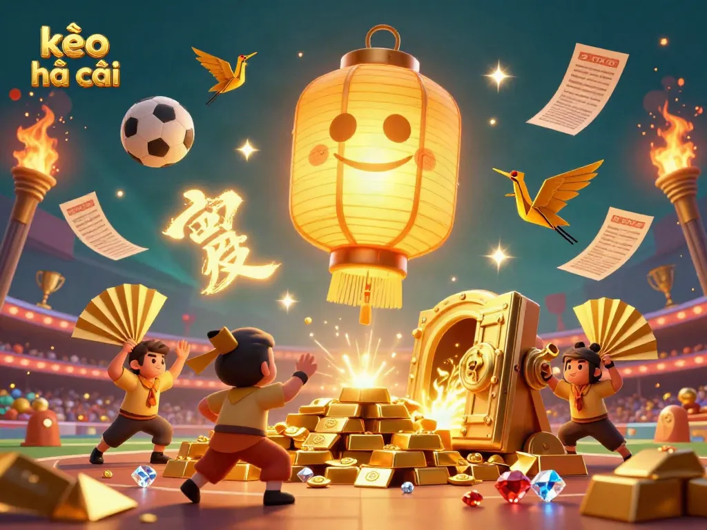 Engage with exciting kèo nhà cái betting dynamics illustrated by a golden lantern spirit and fan warriors in a vibrant arena.