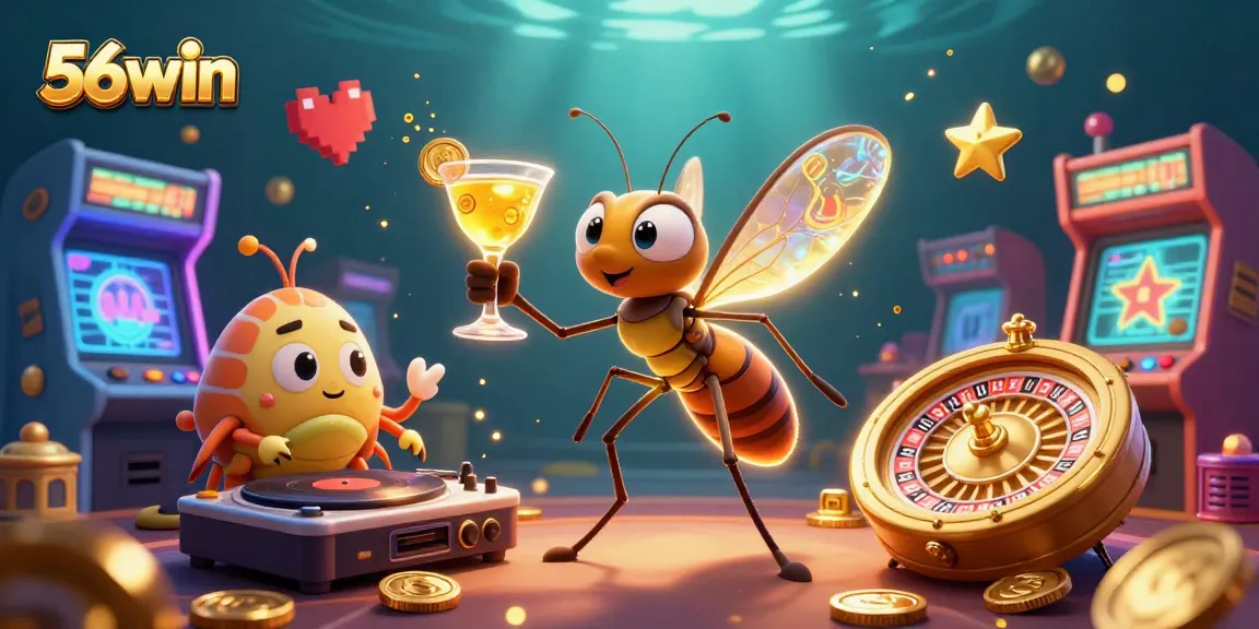 Engage with 56win's vibrant casino scene featuring animated characters and golden gaming elements.