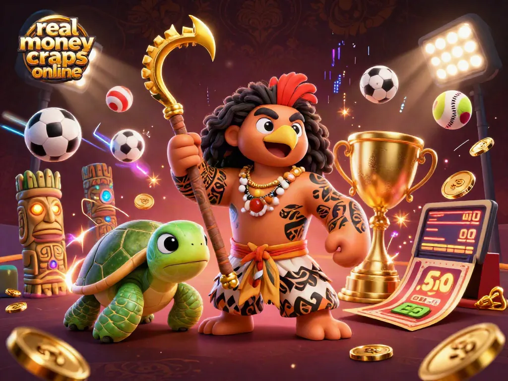 Play real money craps online with an exciting 3D illustration showcasing a decorative casino scene.