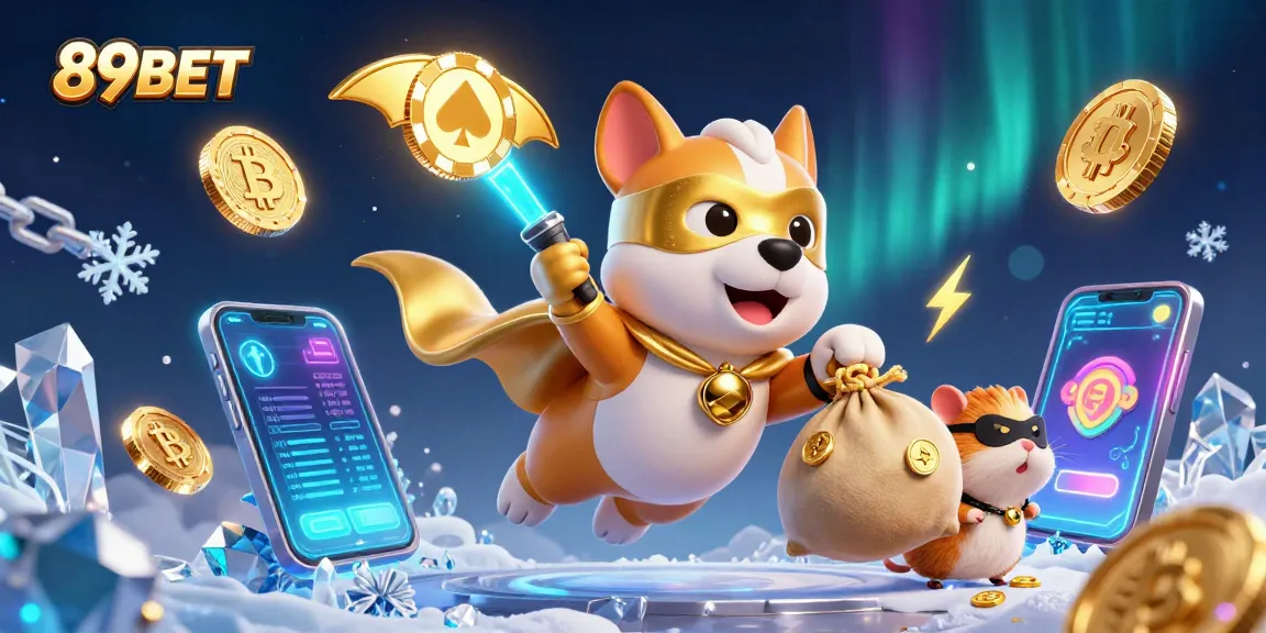 89BET super dog flies with gold coins as crypto elements surround an exciting casino scene
