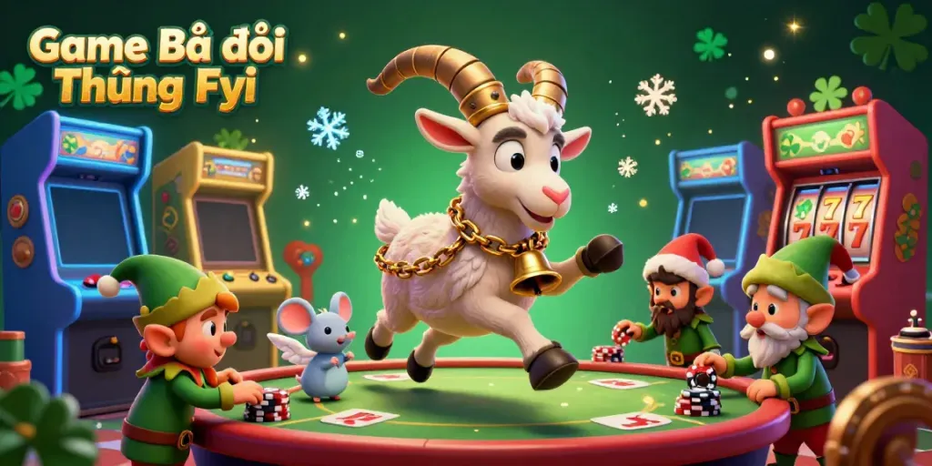 Experience the thrill of Game Bài Đổi Thưởng Fyi with festive characters enjoying a chaotic casino scene.