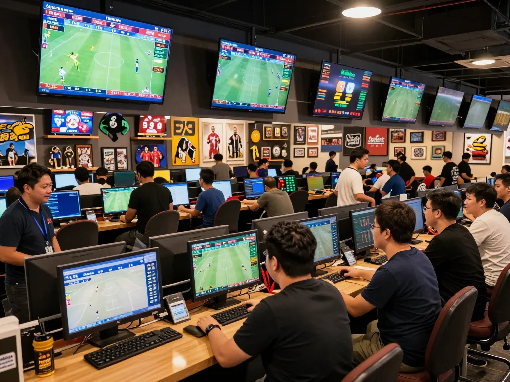 Bongdallu sports betting enthusiasts placing bets during live events with cheering crowds, vibrant atmosphere