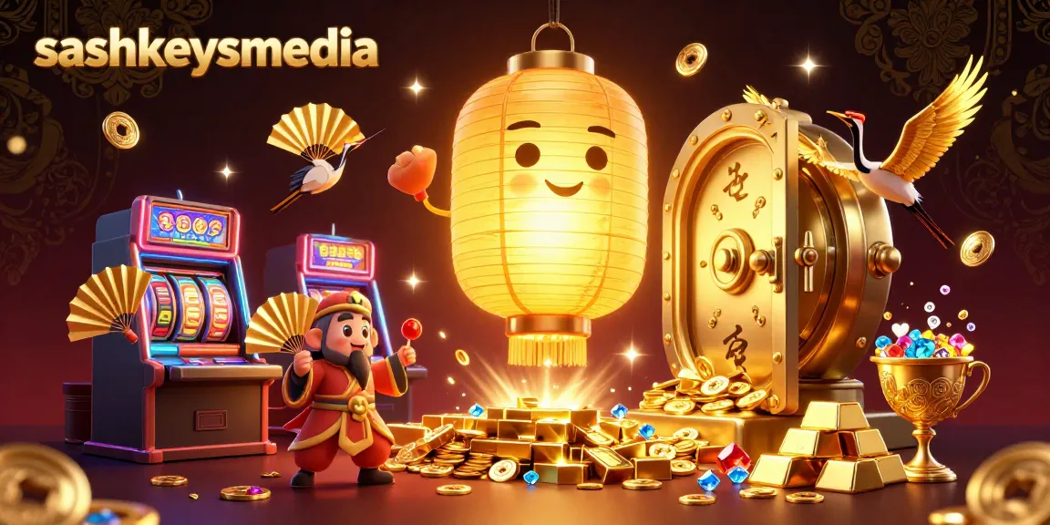 Sashkeysmedia showcases a vibrant casino scene with a floating lantern spirit and dynamic slot elements.
