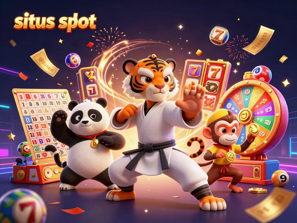 Experience exciting wins at situs slot with a kung fu tiger master in a dynamic casino scene.