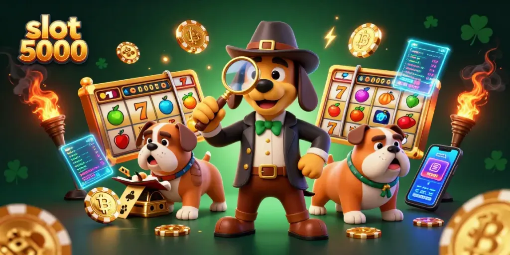 Win big with slot 5000 in this vibrant 3D casino scene filled with coins and jackpots.