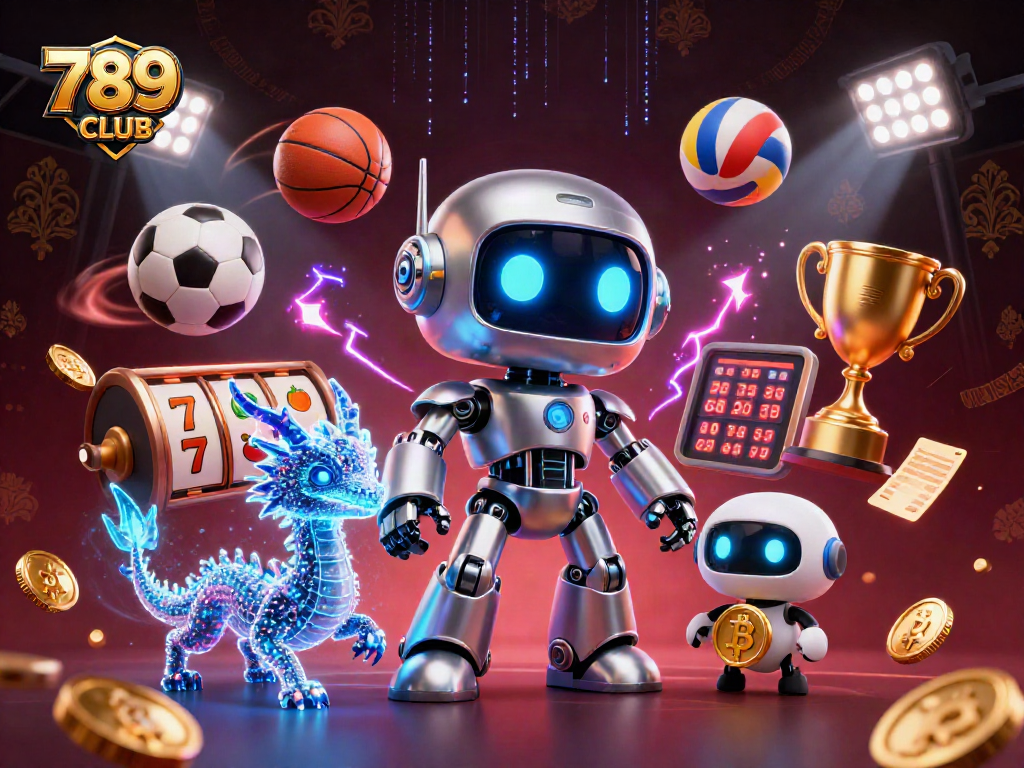 Engage with 789CLUB's vibrant casino world featuring a cyberpunk robot and holographic dragon design.