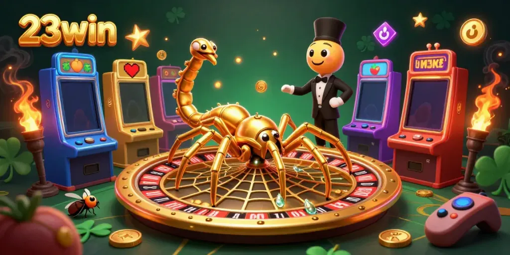 Experience exciting gameplay at 23win with golden spider and roulette wheel illustration.