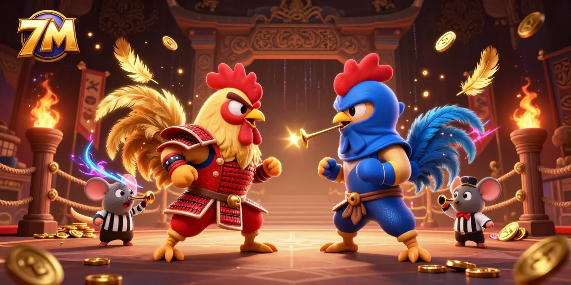 Experience thrilling 7M casino action with battling roosters in a dynamic gaming arena.