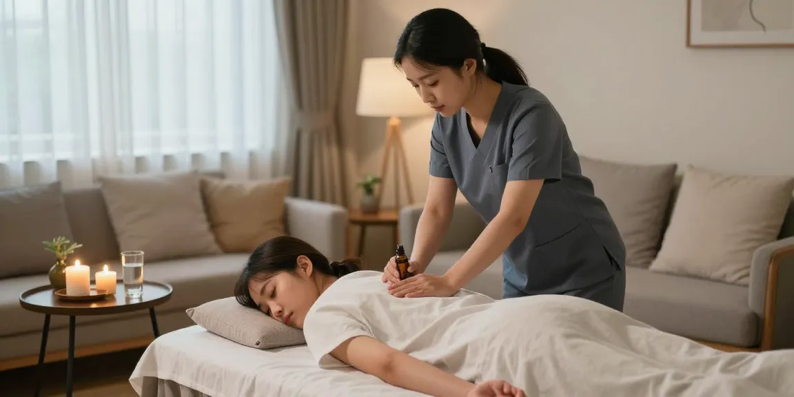 A Korean therapist providing a soothing 부천출장안마 massage to a client in a tranquil home setting, highlighting personalized care and relaxation.