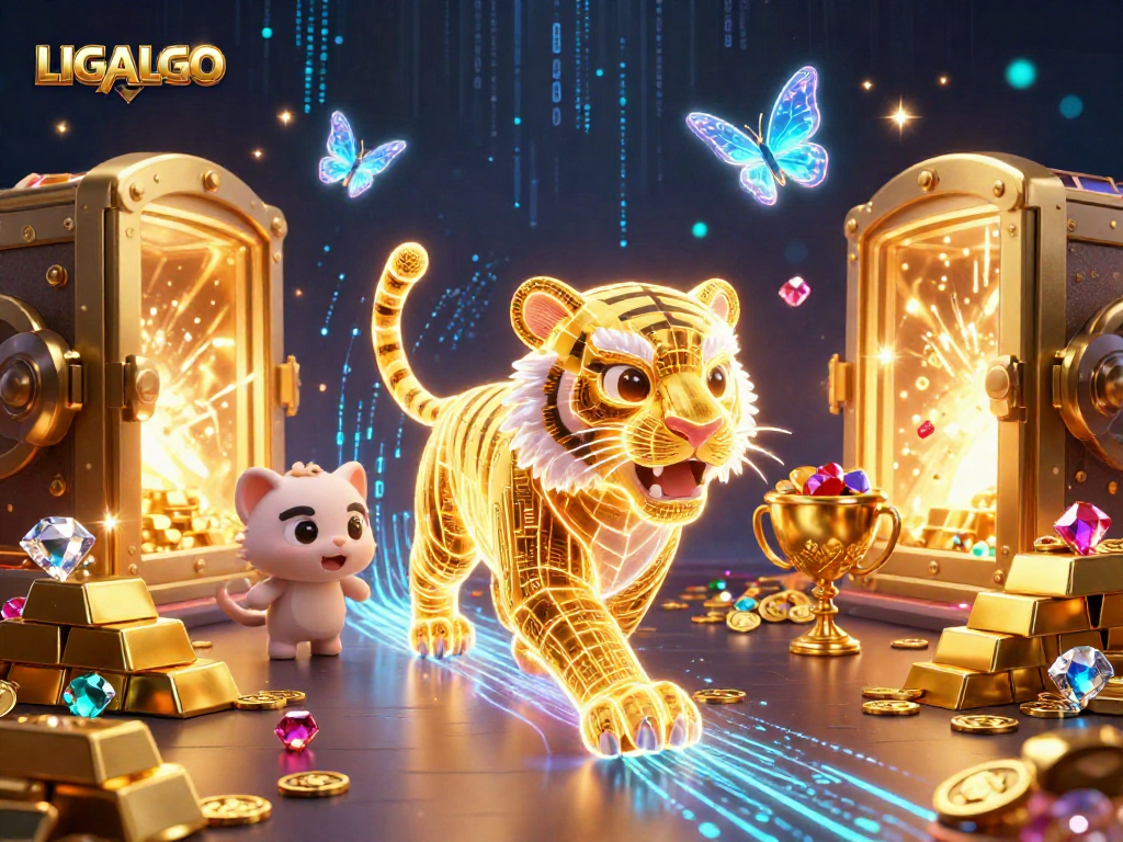 LIGALGO showcases an electrifying digital casino with a neon tiger and treasure, captivating players.