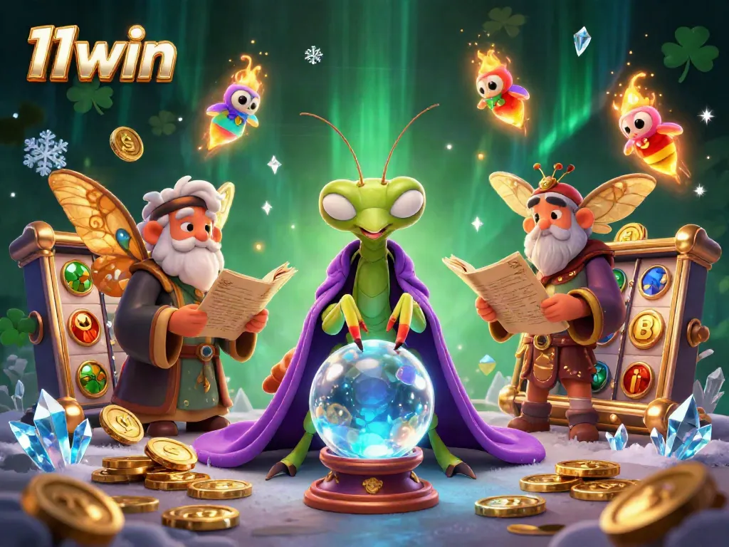 Engage with 11win's vibrant casino world featuring a fortune teller and mystical elements amidst dynamic game symbols.