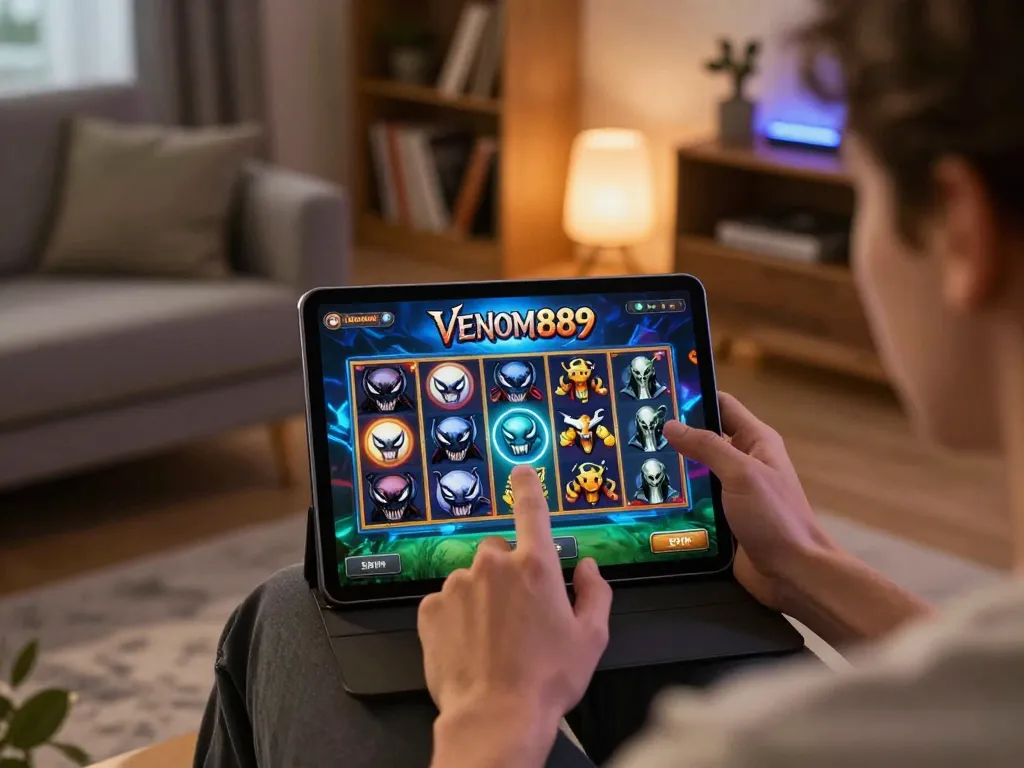 Engaging in Venom889 Alternatif online gaming from a cozy home setting, highlighting strategic gameplay.