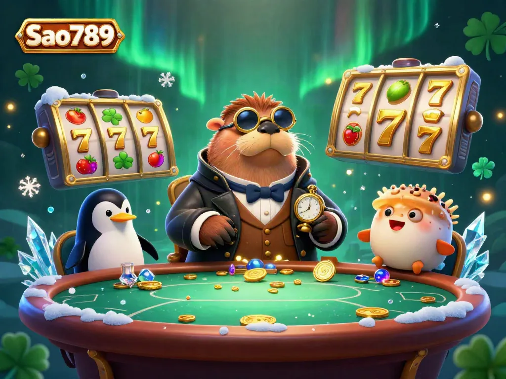 Experience the thrill of Sao789 with a jolly walrus at a poker table surrounded by slot reels and jackpot symbols.