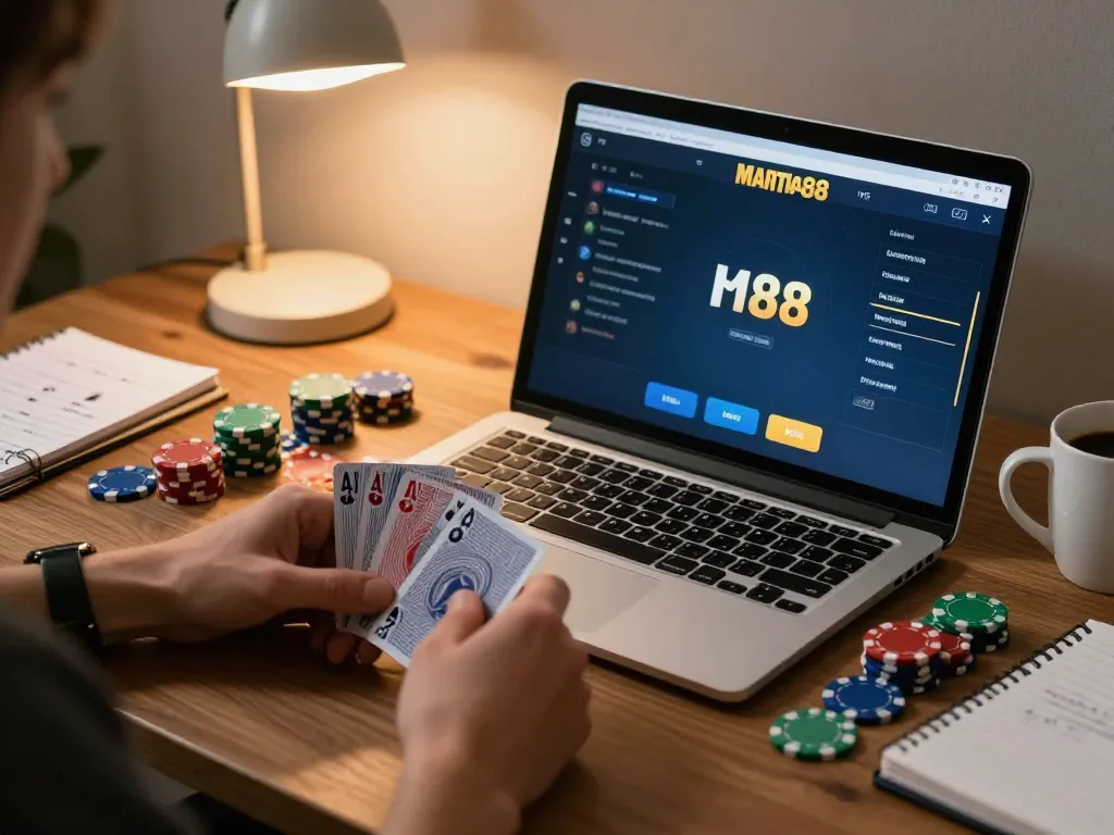 Engaging online poker gameplay on mantra88 in a cozy home workspace with vibrant poker chips.