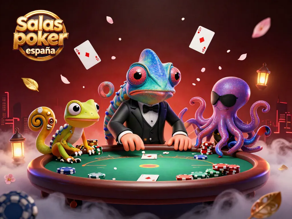 Accede a las salas de póker online en España con este divertido diseño donde un camaleón agente secreto juega en una mesa de póker.