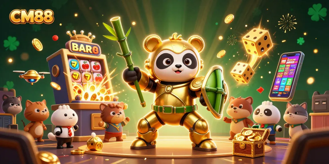 Experience excitement with CM88's golden panda and jackpot slots in a vibrant casino illustration.