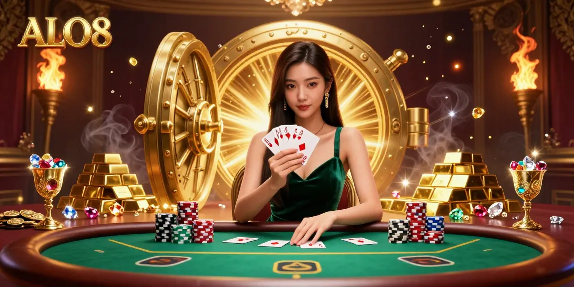 Experience winning strategies at ALO8 casino with a beautiful Asian woman playing poker amid a rich gambling scene.