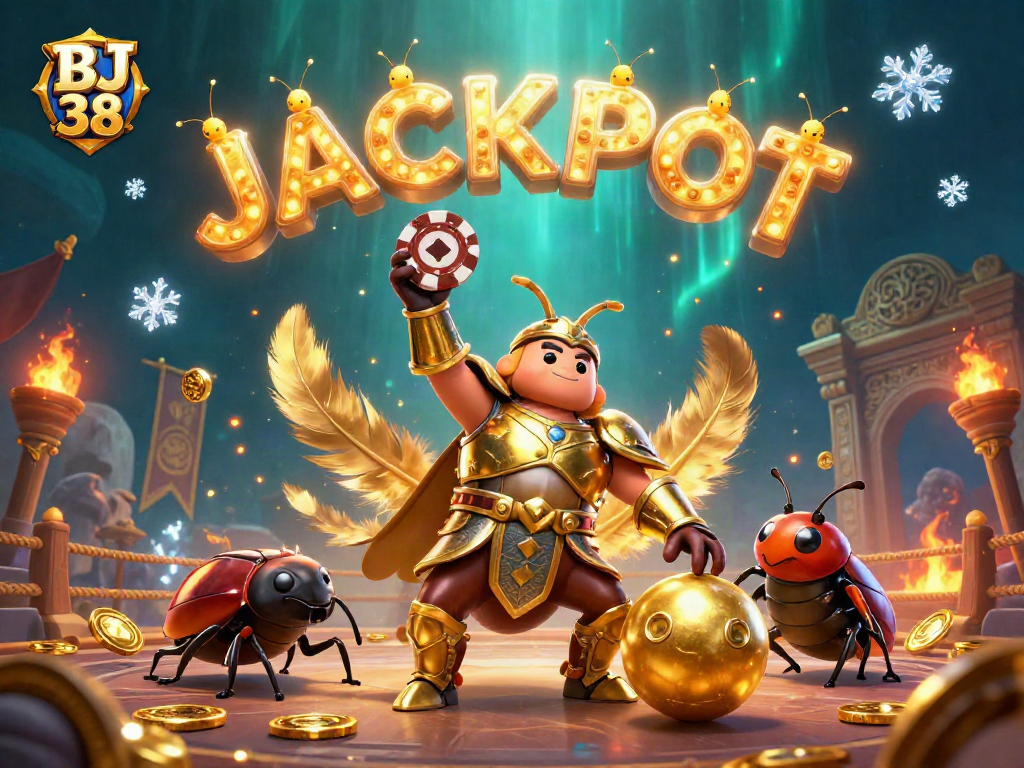 Experience winning strategies at BJ 38 with a vibrant illustration showcasing a beetle champion.