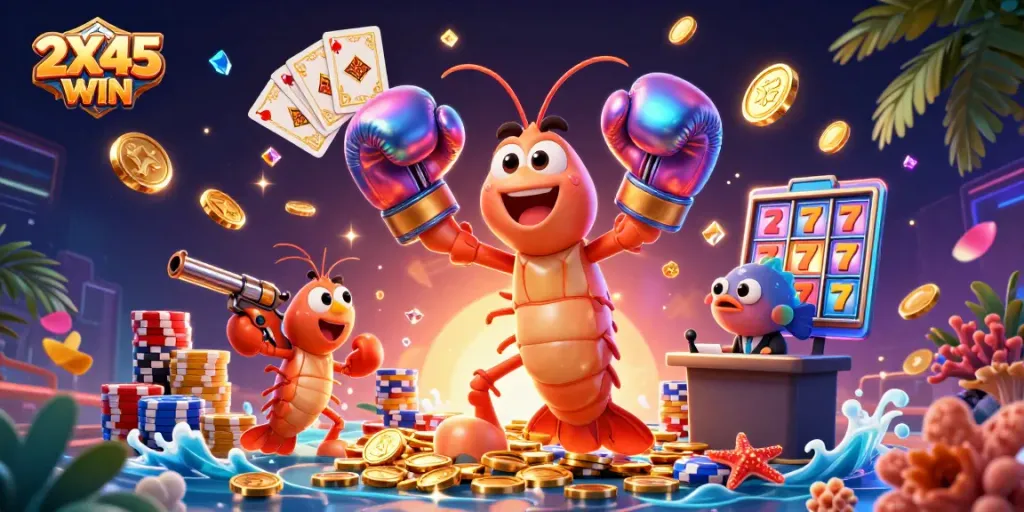 Menangkan jackpot dengan 2X45WIN sambil dikelilingi oleh koin emas dan simbol keberuntungan dalam ilustrasi kasino.