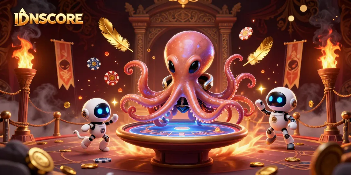 Engage in thrilling IDNSCORE gaming with an alien octopus at a holographic poker table.