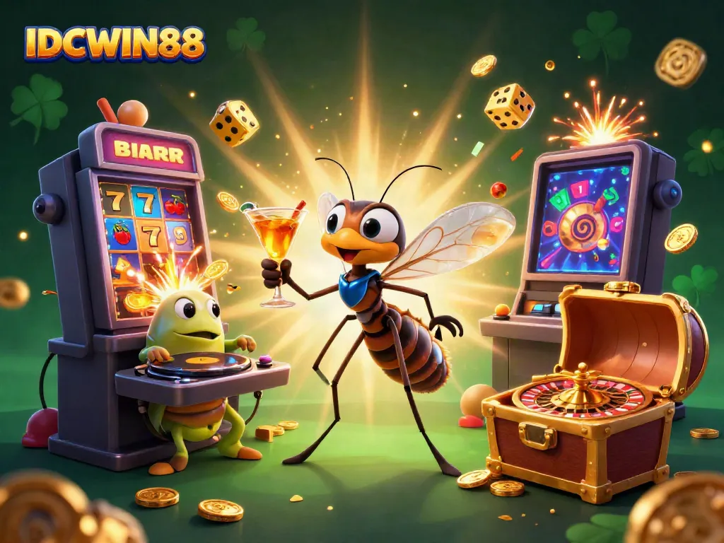 Experience thrilling wins with IDCWIN88 in a vibrant casino-themed digital illustration.