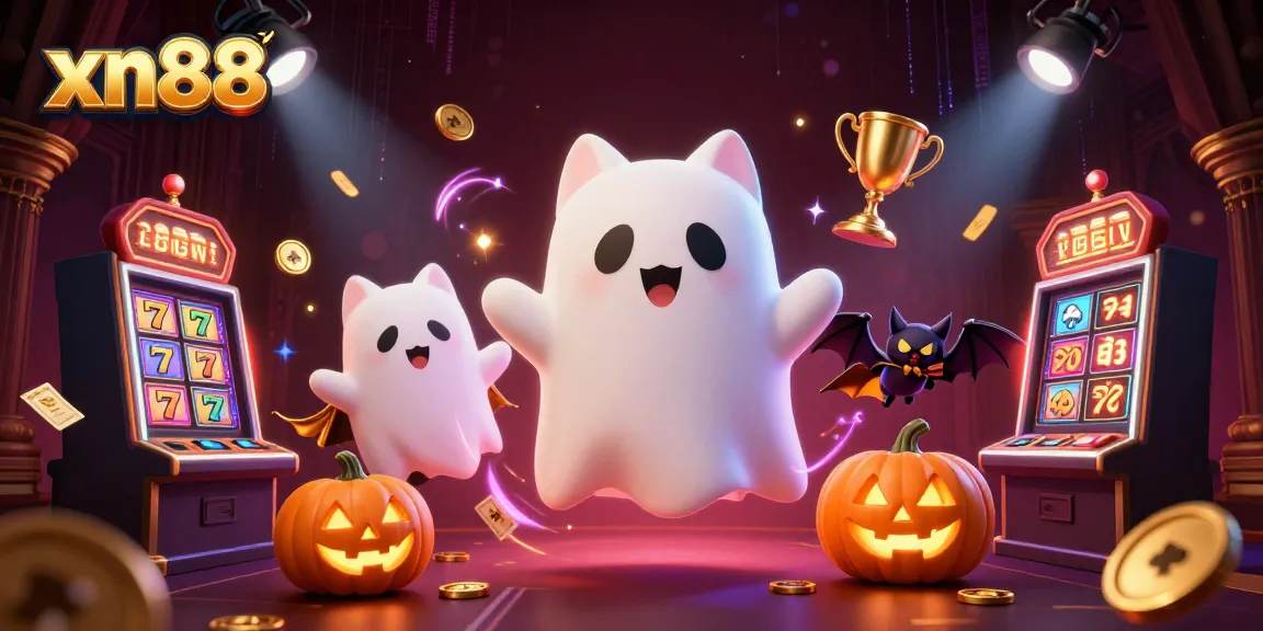 xn88 ghost cat showcasing slots and casino action in a haunted mansion, creating thrilling gaming vibes.