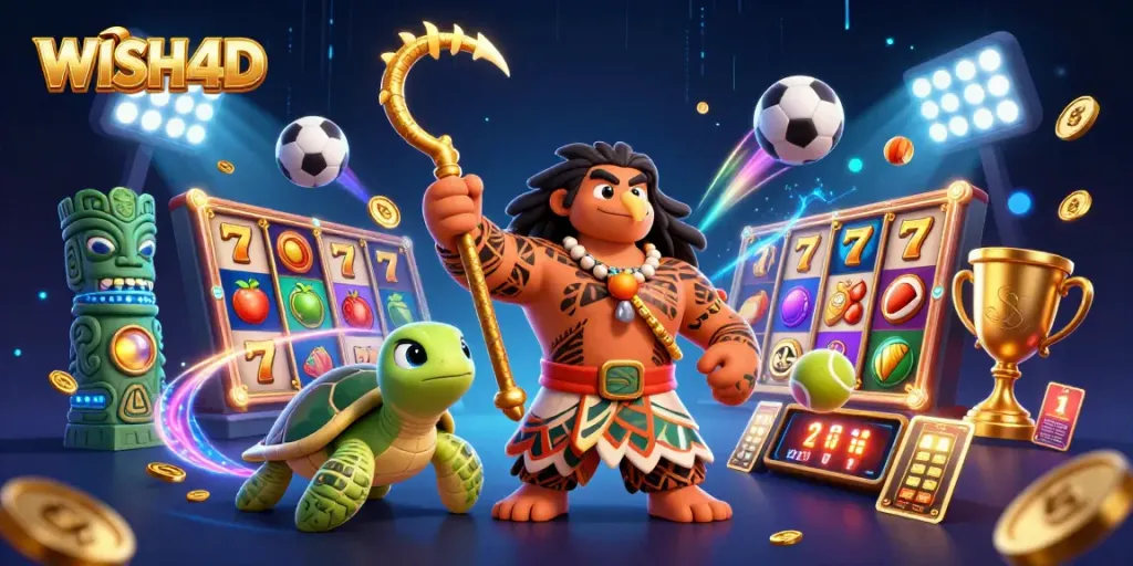 Engage with WISH4D in a vibrant, action-packed casino scene featuring dynamic elements and characters.
