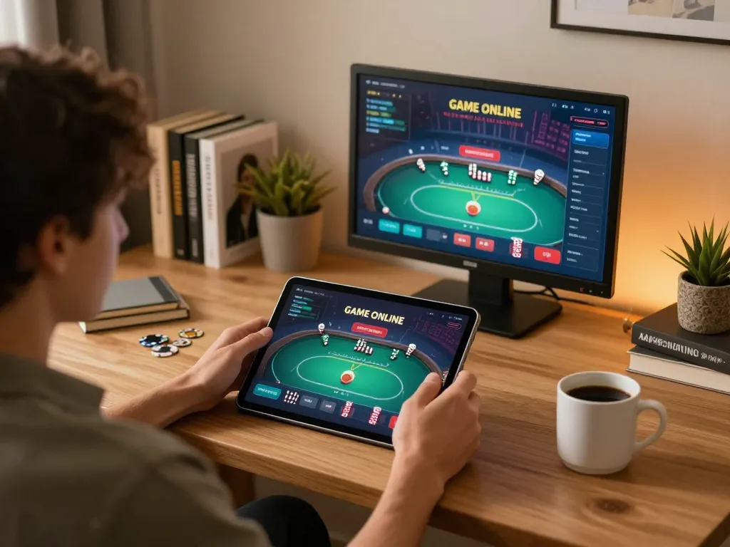 Engage in GAME ONLINE action with a player enjoying a poker game on a tablet in a cozy home setting