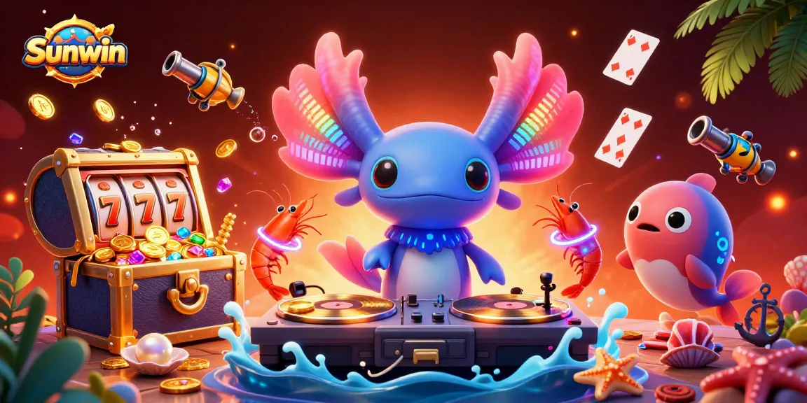 Spin to win with Sunwin in a vibrant 3D casino scene filled with slot games and underwater treasures.