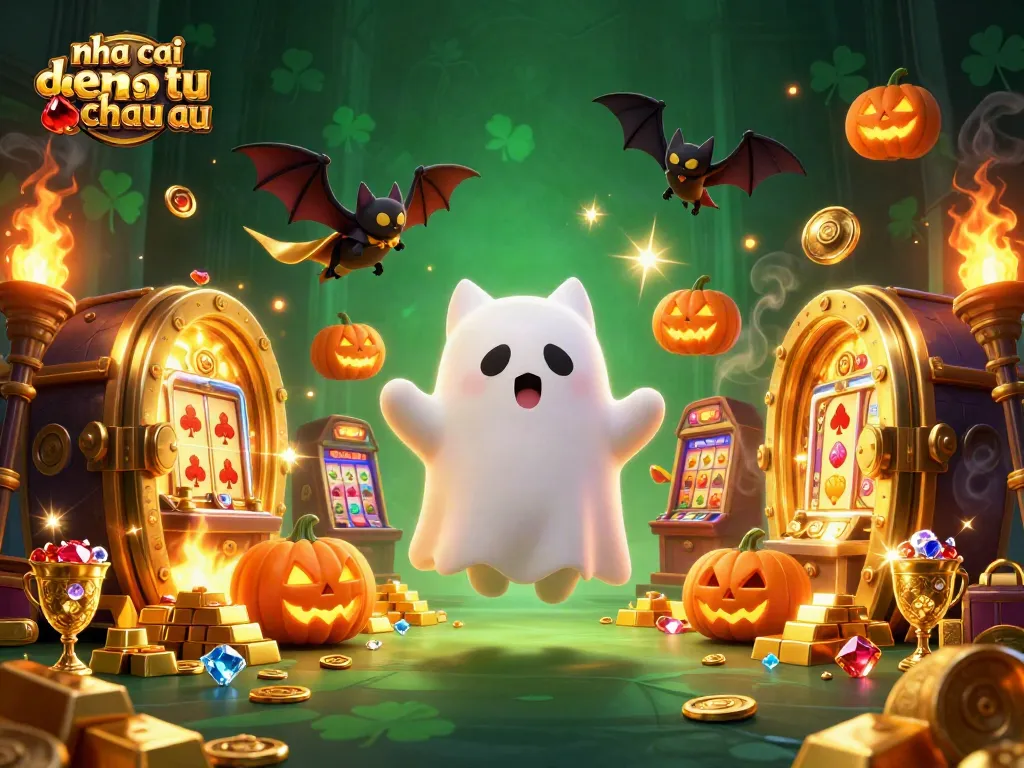 Các jack-o-lanterns với biểu tượng bài poker bên cạnh nhà cái đến từ Châu Âu, một chú mèo ma, và dơi bay.