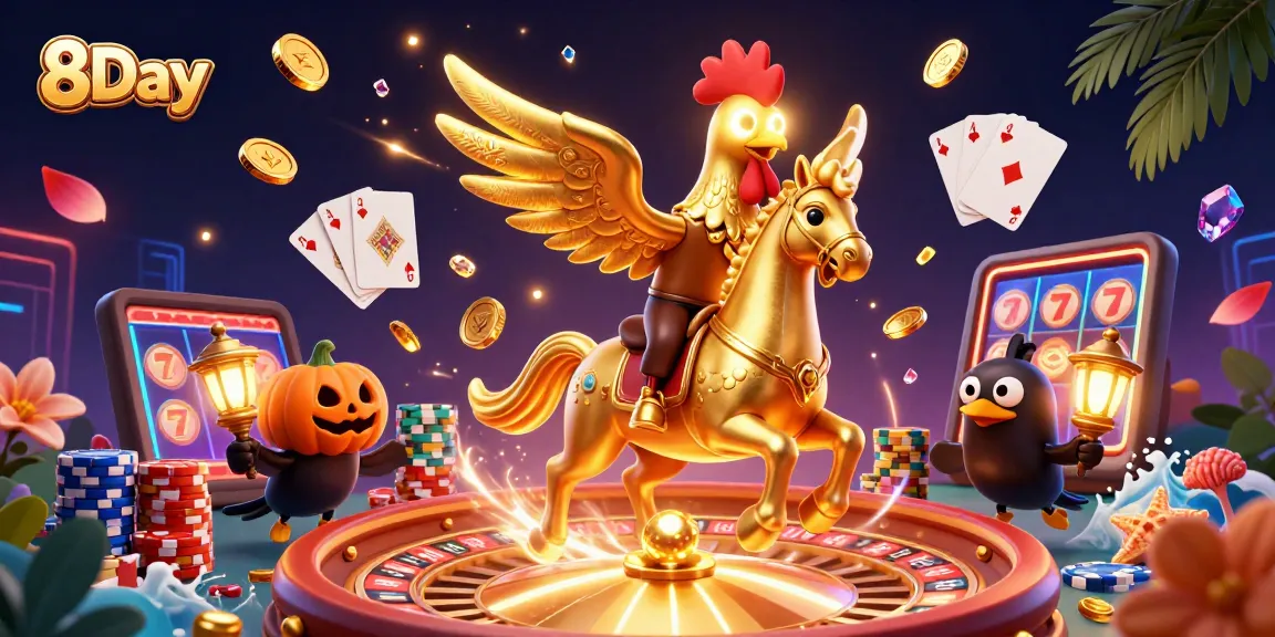 8Day presents a vibrant casino scene featuring a golden rooster riding a spectral horse, capturing the thrill of gaming.