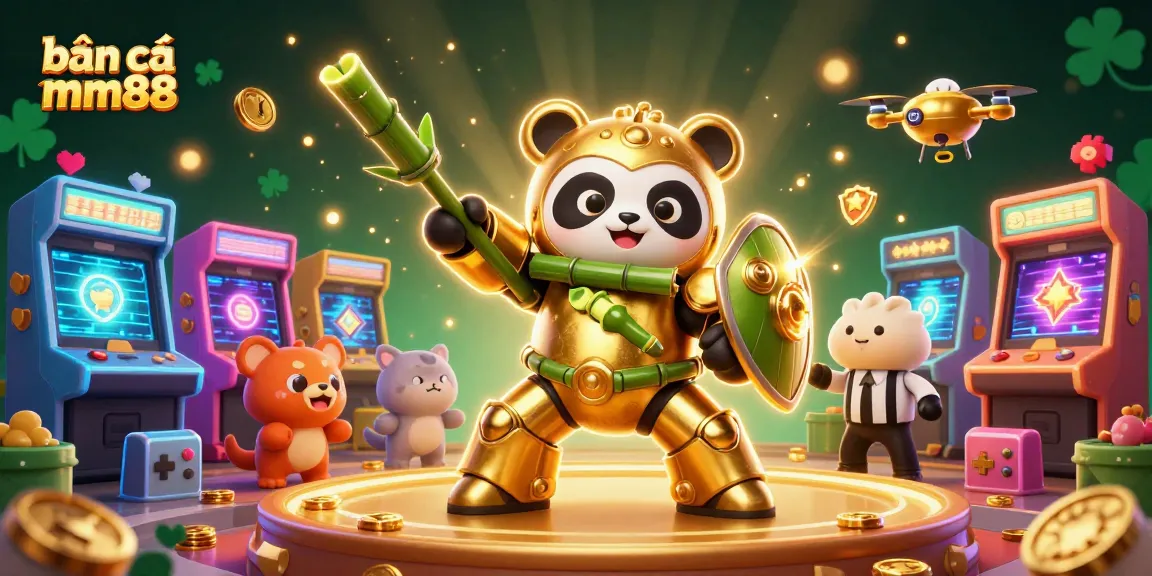 Engage in bắn cá mm88 with a dynamic 3D illustration featuring a golden panda in a robot arena.
