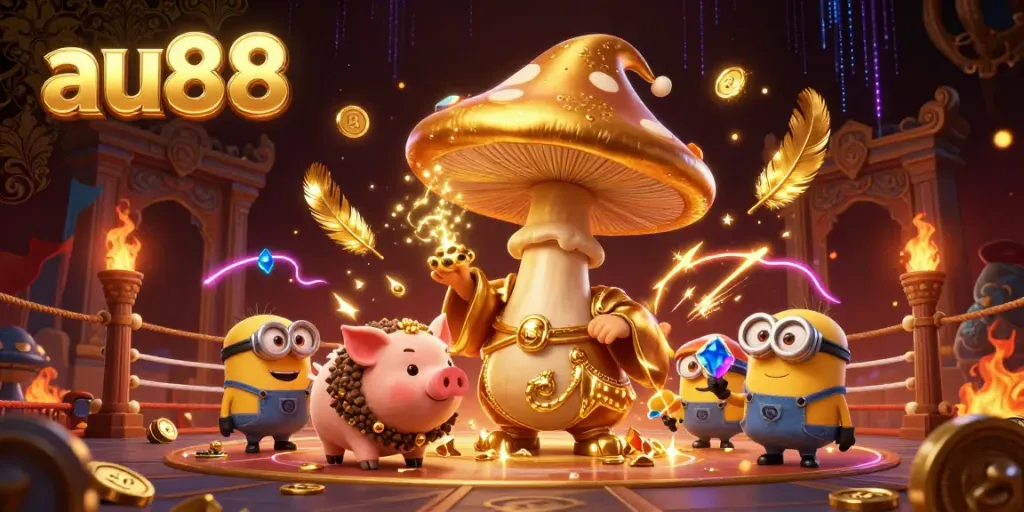 Experience thrilling adventures with au88 as a golden wizard and friends discover treasures in a magical casino world.