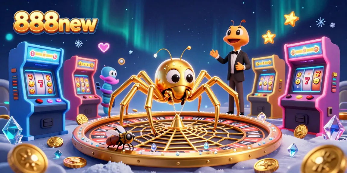 Engage with 888new as the golden spider spins a roulette web filled with colorful game elements, showcasing casino excitement.