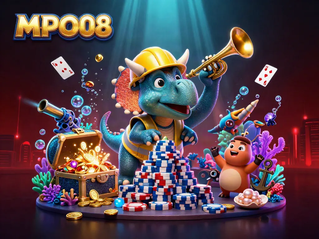 MPO08 showcases a vibrant casino-themed scene with playful characters in a dynamic underwater environment.