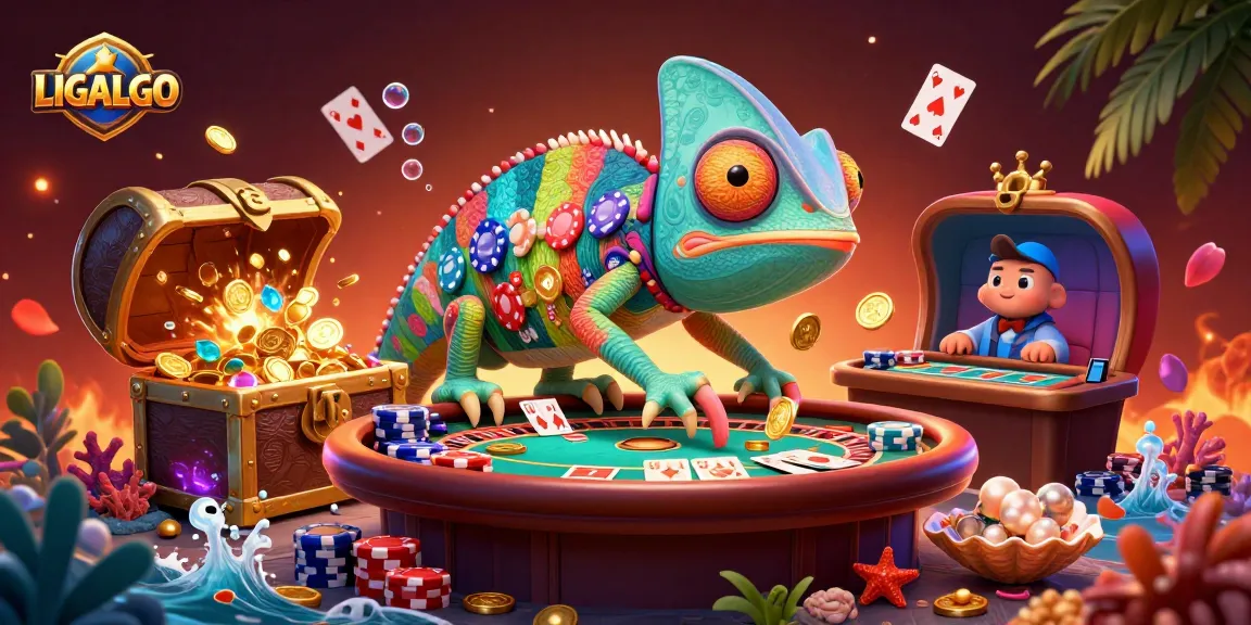 LIGALGO's vibrant chameleon casino owner engaging players at an exciting poker table amidst a treasure-scattered scene.