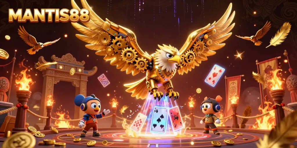 Play casino games on MANTIS88 with a cybernetic golden eagle amidst holographic cards.