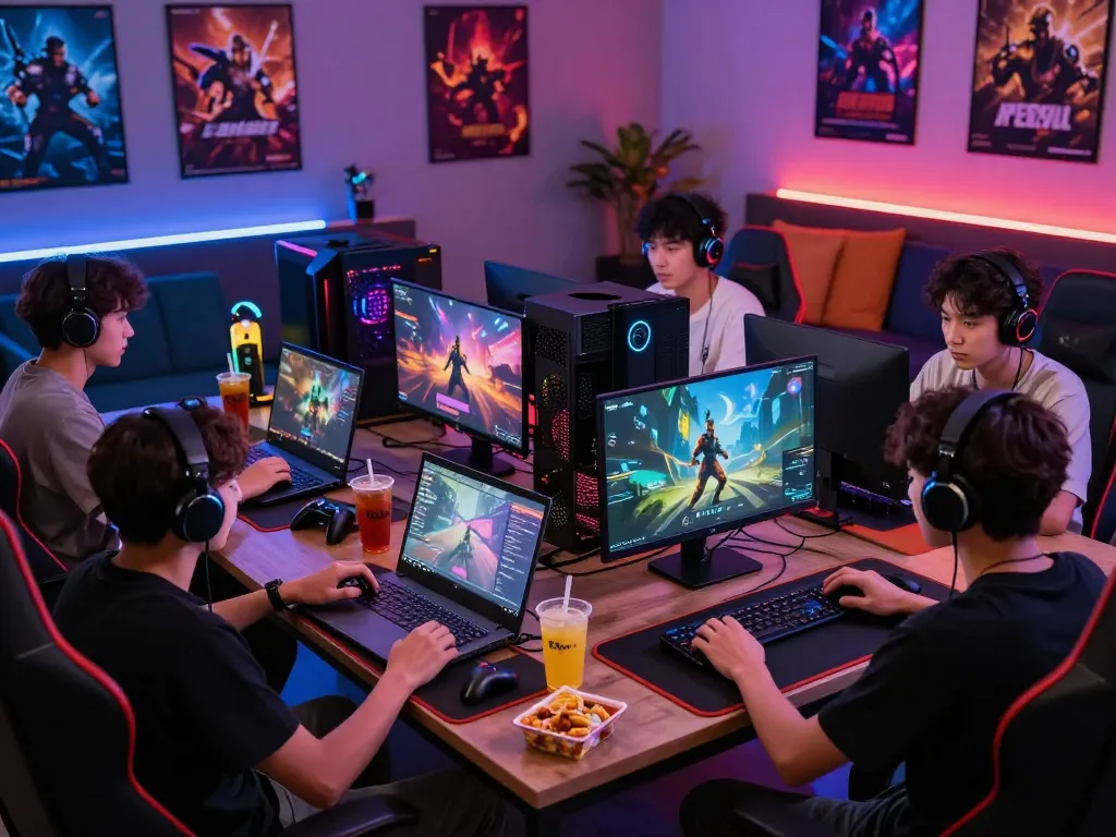 autowin88 gaming scene with diverse players enjoying high-energy online gaming in a vibrant lounge setting.