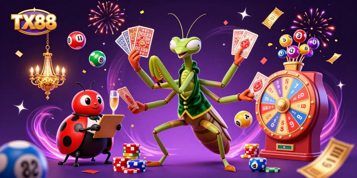 Engage with TX88 on a vibrant casino scene featuring a mantis card sharp and ladybug pit boss.