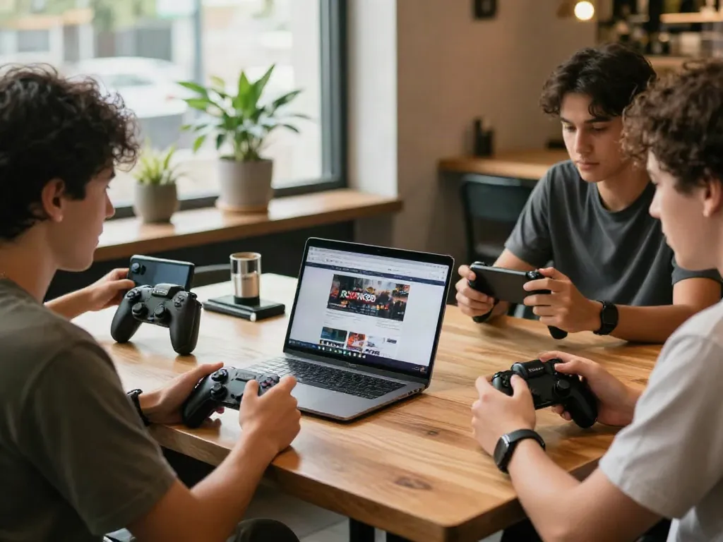 Friends enjoying gaming strategies at a café with ROKOK88 displayed.