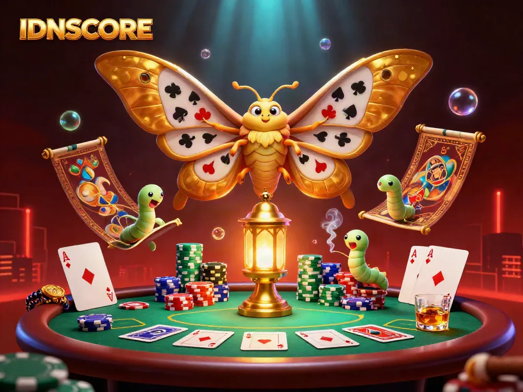 IDNSCORE presents an engaging casino scene with a vibrant moth and poker elements.