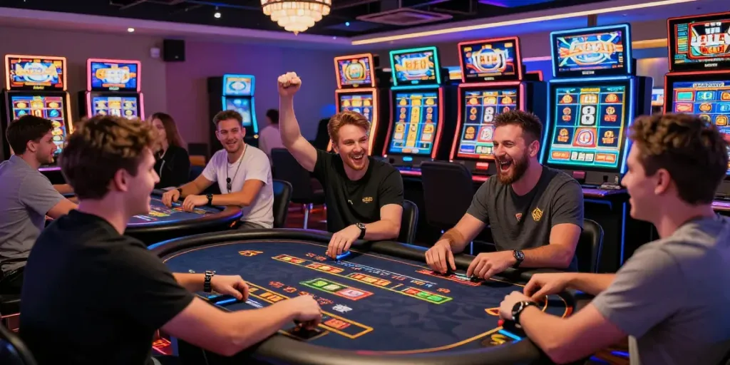 Players enjoying the bro138 link experience in a lively online casino atmosphere with vibrant colors and engaging gameplay.