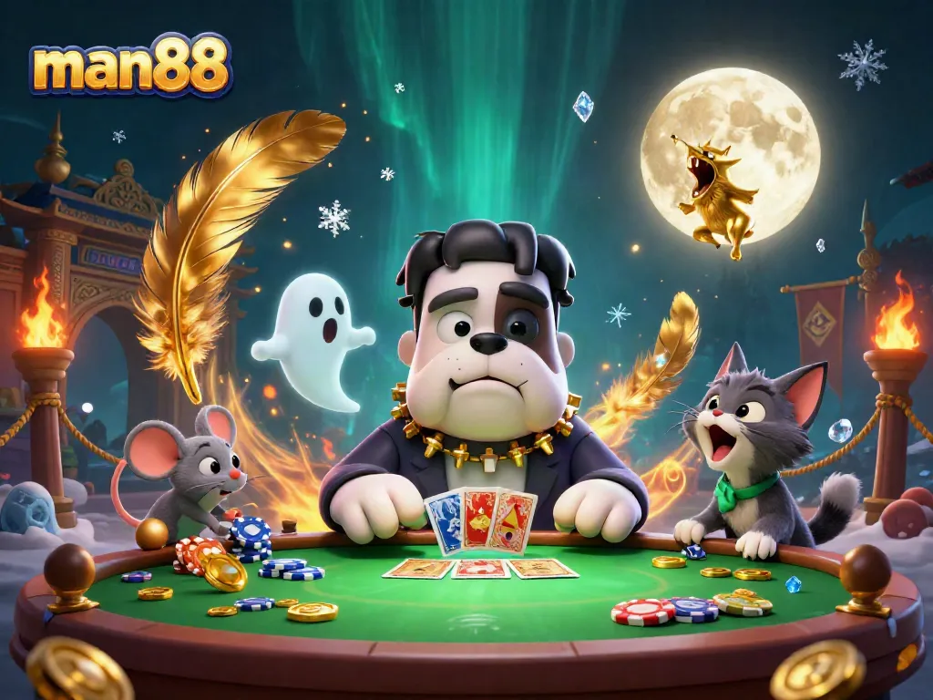 Engage in thrilling card games with man88 at a spooky casino table featuring unique 3D characters.