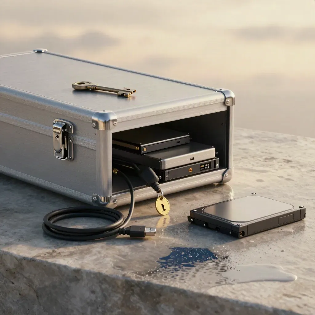 Archive case, SSDs, cable, key tag and backup cartridge on rain-wet stone.