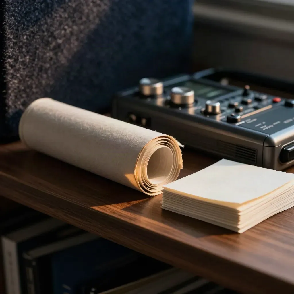 Storyboard tube, audio recorder and blank sleeves on walnut surface, soft bokeh.