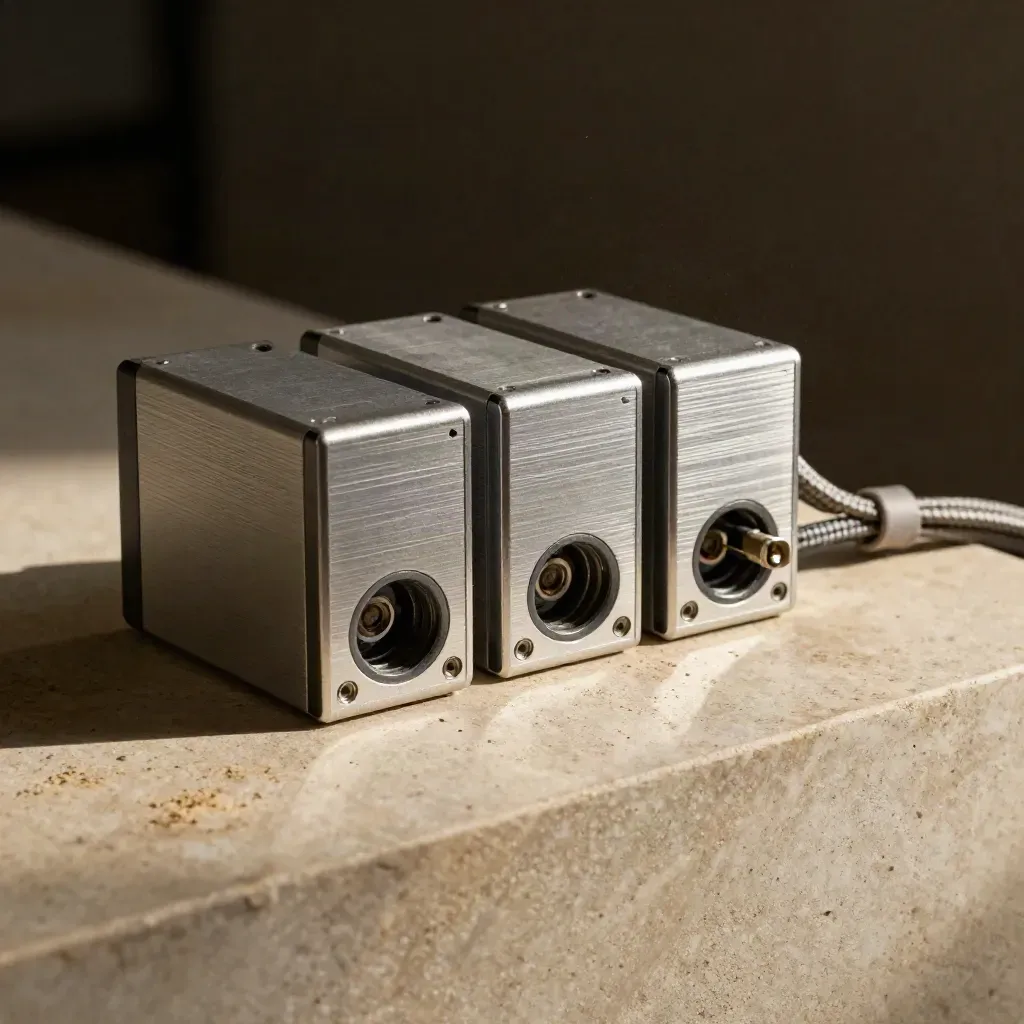 Aluminum drive cabinet with three external drives and a braided cable on a stone plinth.